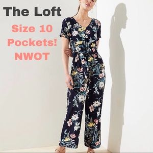 LOFT Floral Jumpsuit Pockets Navy Blue Playsuit